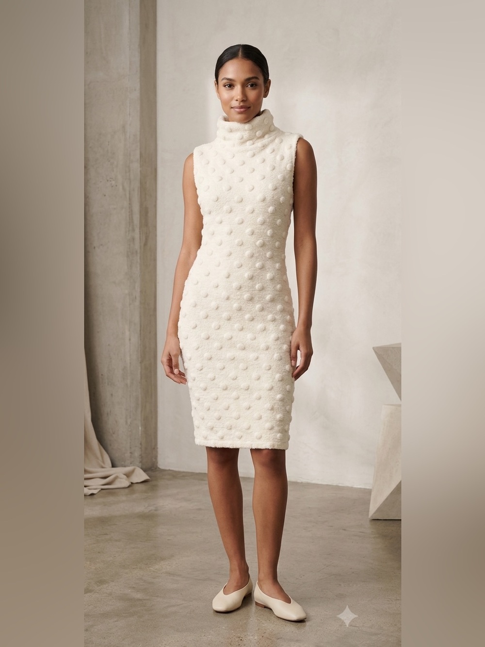 NEW! NATALIE ROMANO Dress Raised Bobbles Bodycon Column Sleeveless Cream Medium